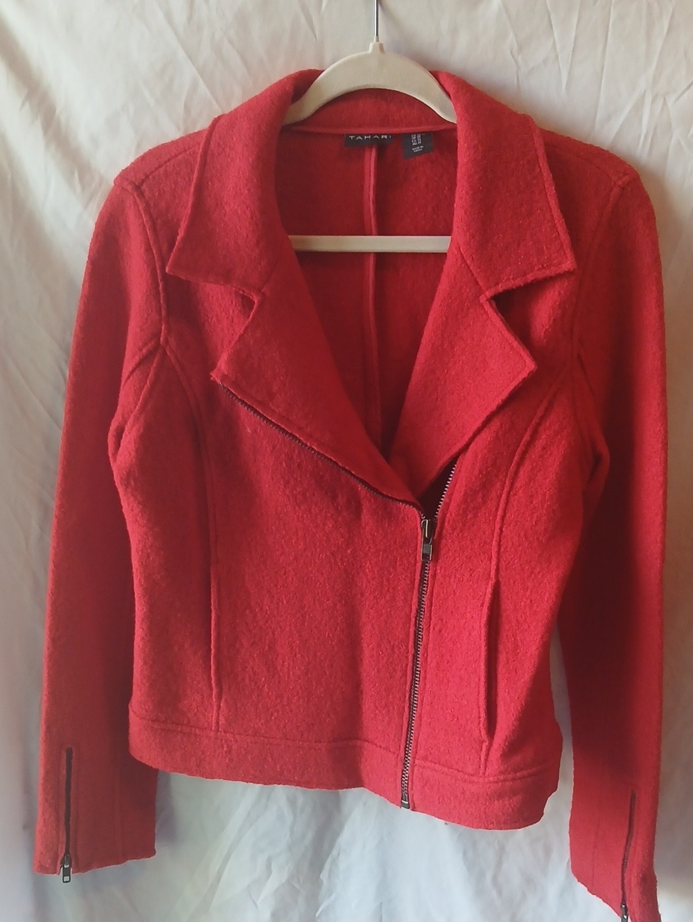 Tahari Red Asymmetrical Zip Wool-Blend Blazer